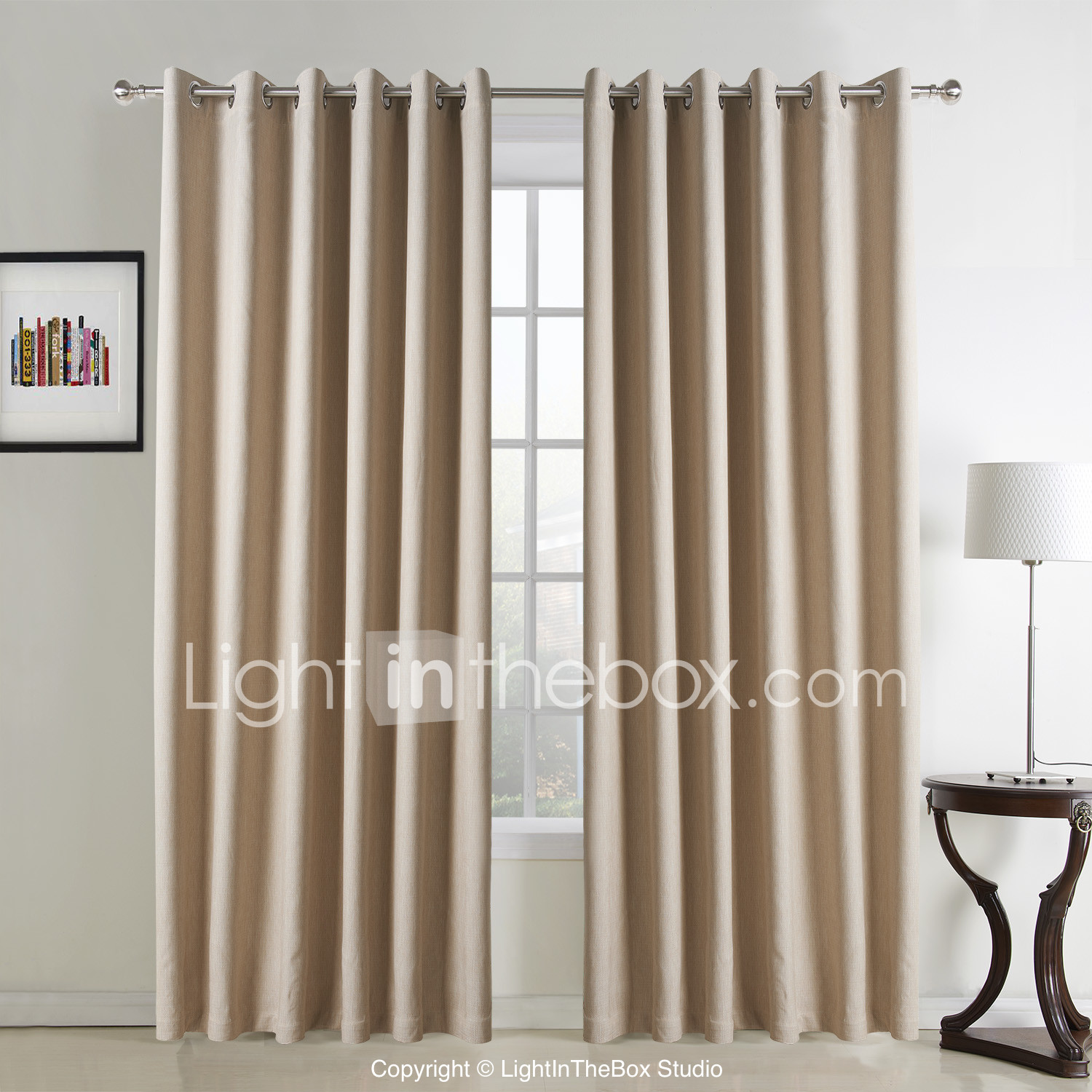 Neoklassiske to panelene solide beige stue faux lin panelgardiner ...