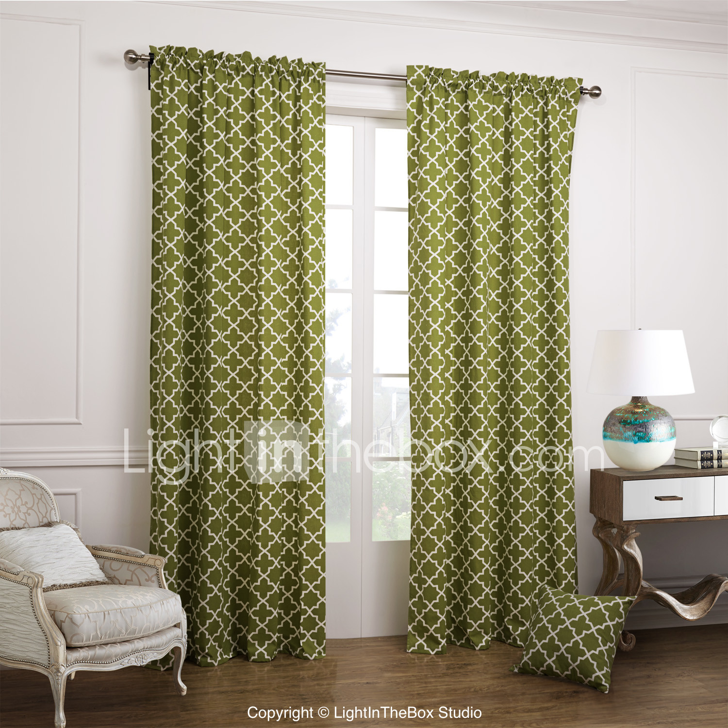 Moderne twee panelen geometrisch groen slaapkamer katoen ...