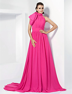 A-line High Neck Chiffon Evening Dress With Court Train inspired by Emma Stone 