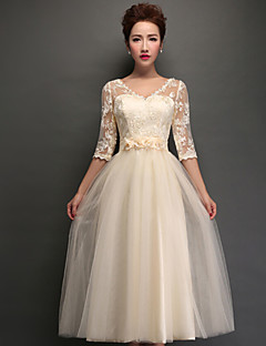Tea-length Tulle Bridesmaid Dress - Champagne A-line V-neck
